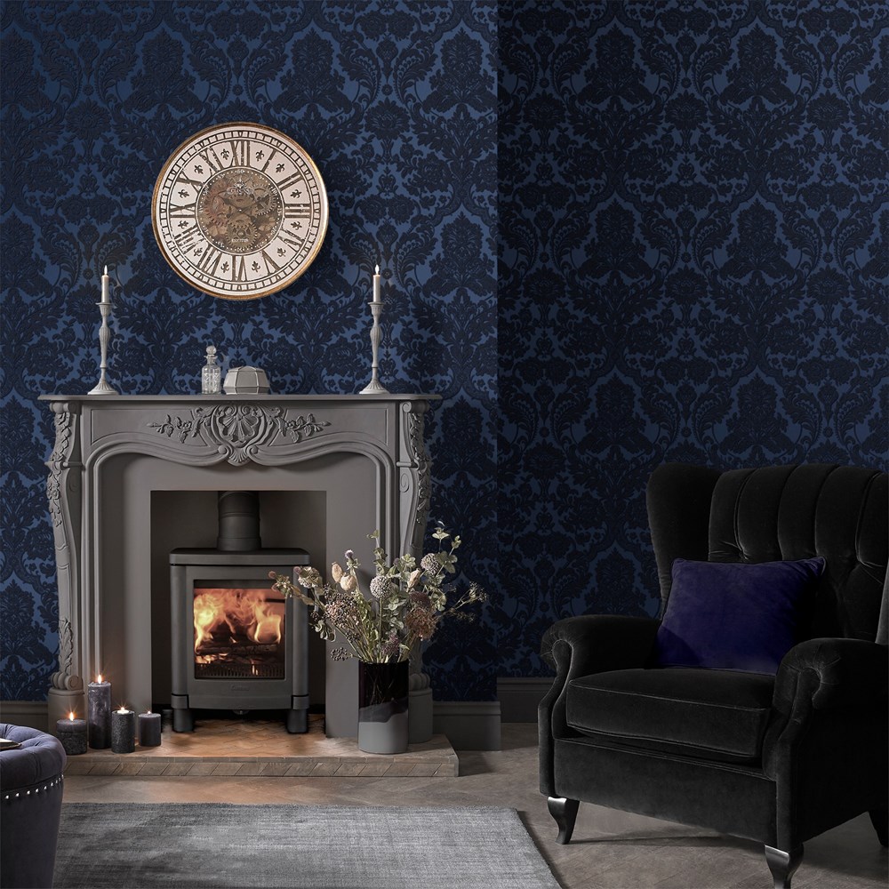 Gothic Damask Flock Wallpaper 104563 by Graham & Brown in Cobalt Blue